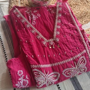 Rani Pink Cotton Embroidered Kurti with Butterfly Motifs
