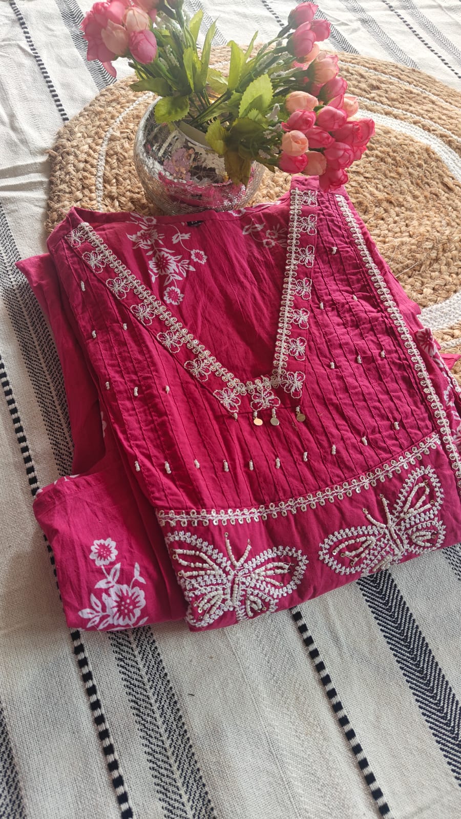 Rani Pink Cotton Embroidered Kurti with Butterfly Motifs