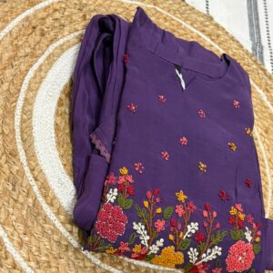 Purple Embroidered Kurta-Mul chanderi