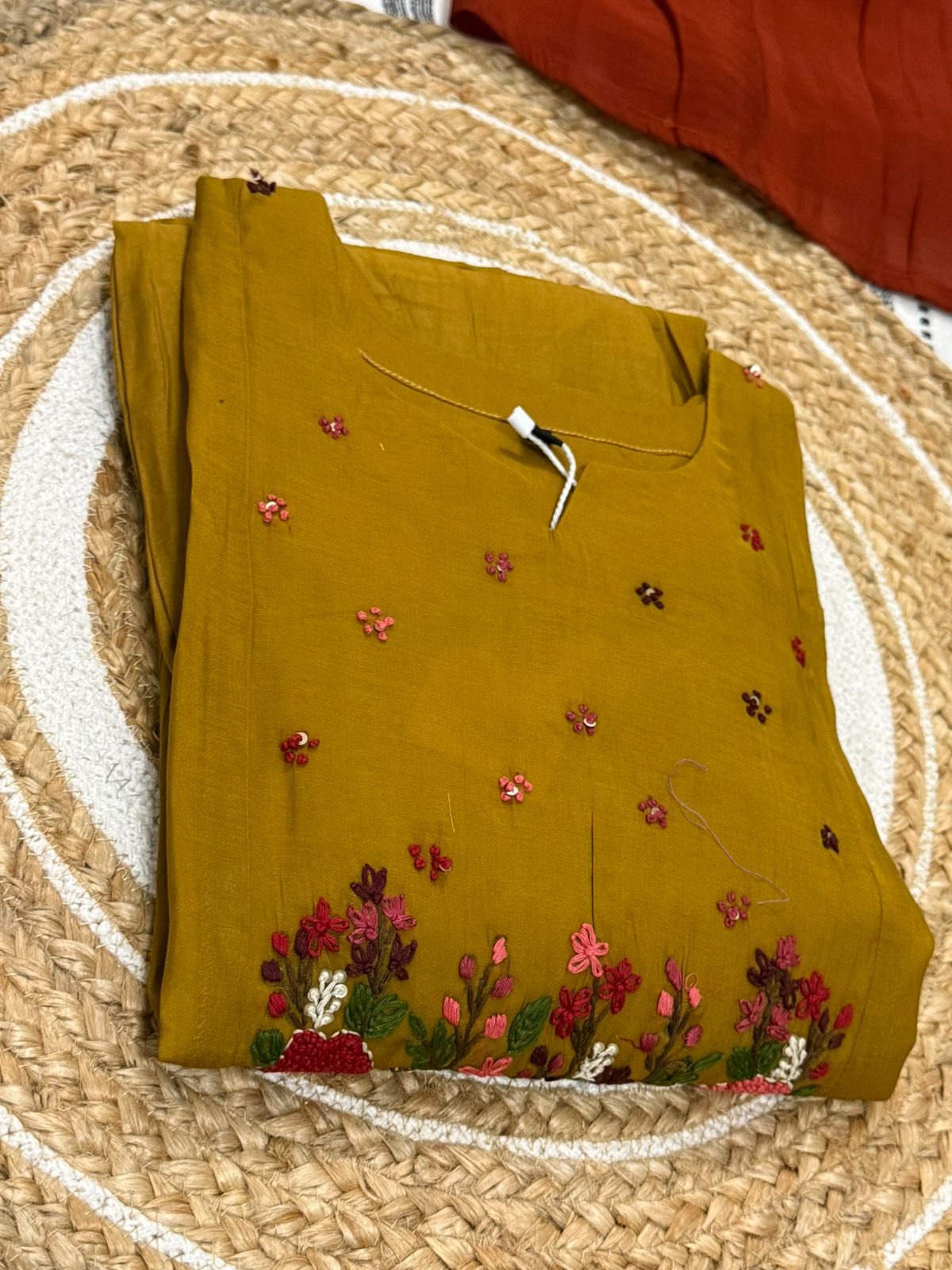 Mustard Embroidered Kurta set-Mul chanderi