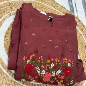 Wine Embroidered Kurta set-Mul chanderi