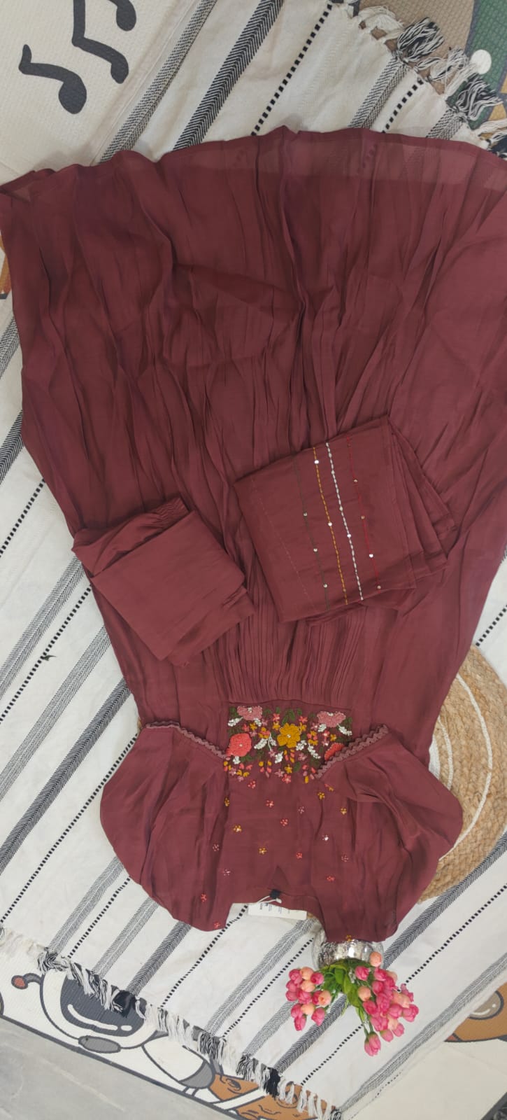 Wine Embroidered Kurta set-Mul chanderi - Image 3