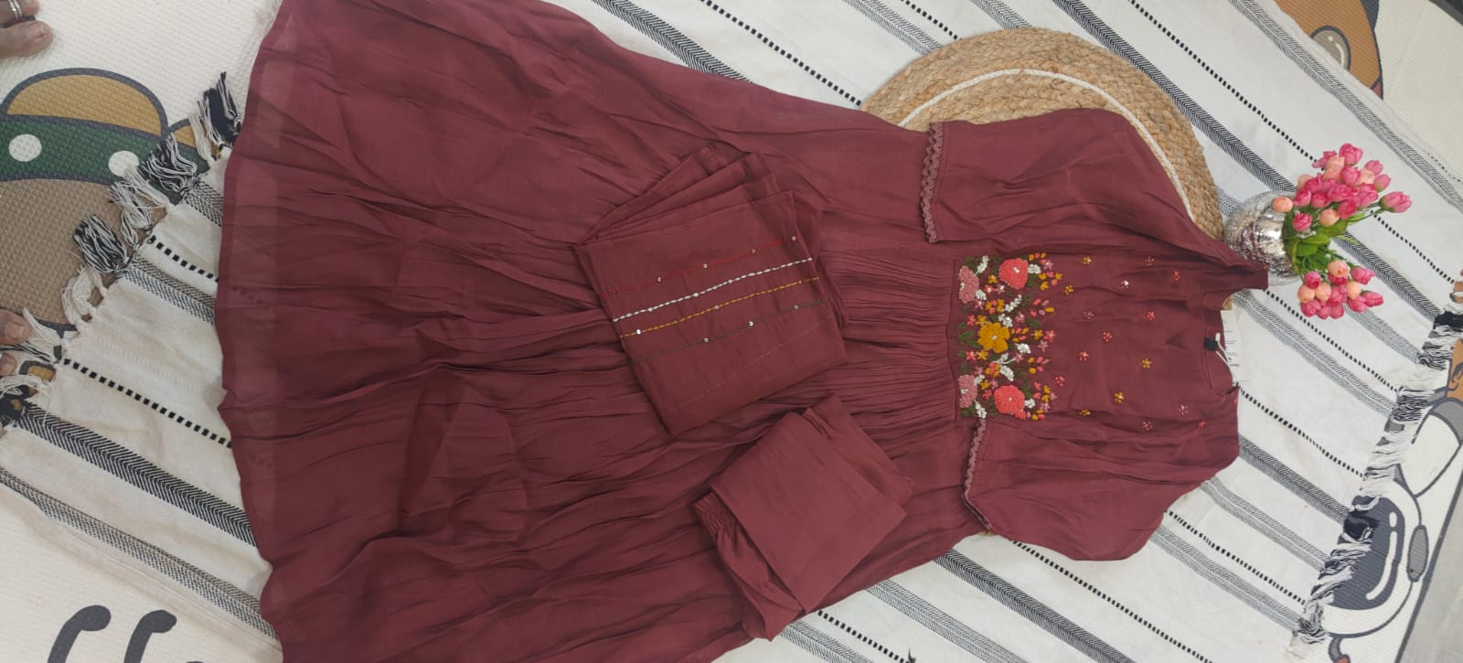 Wine Embroidered Kurta set-Mul chanderi - Image 2