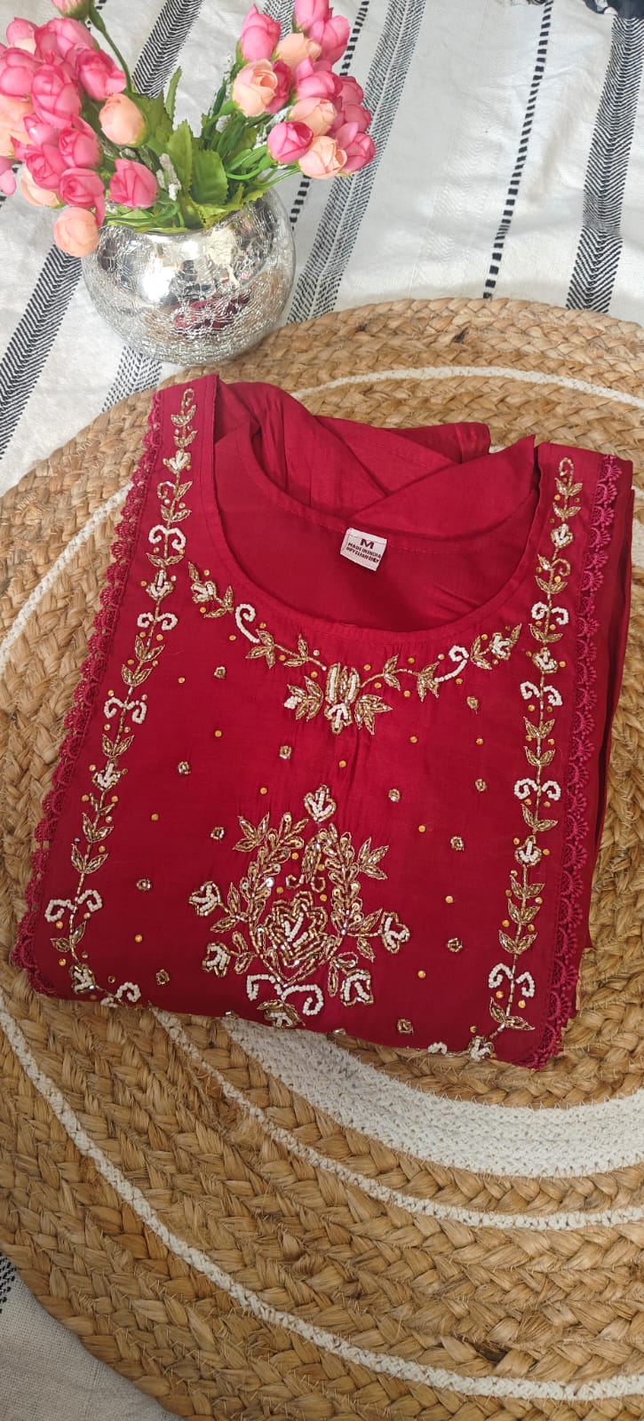 Rani PInk Embroidered Kurta set-Mul chanderi