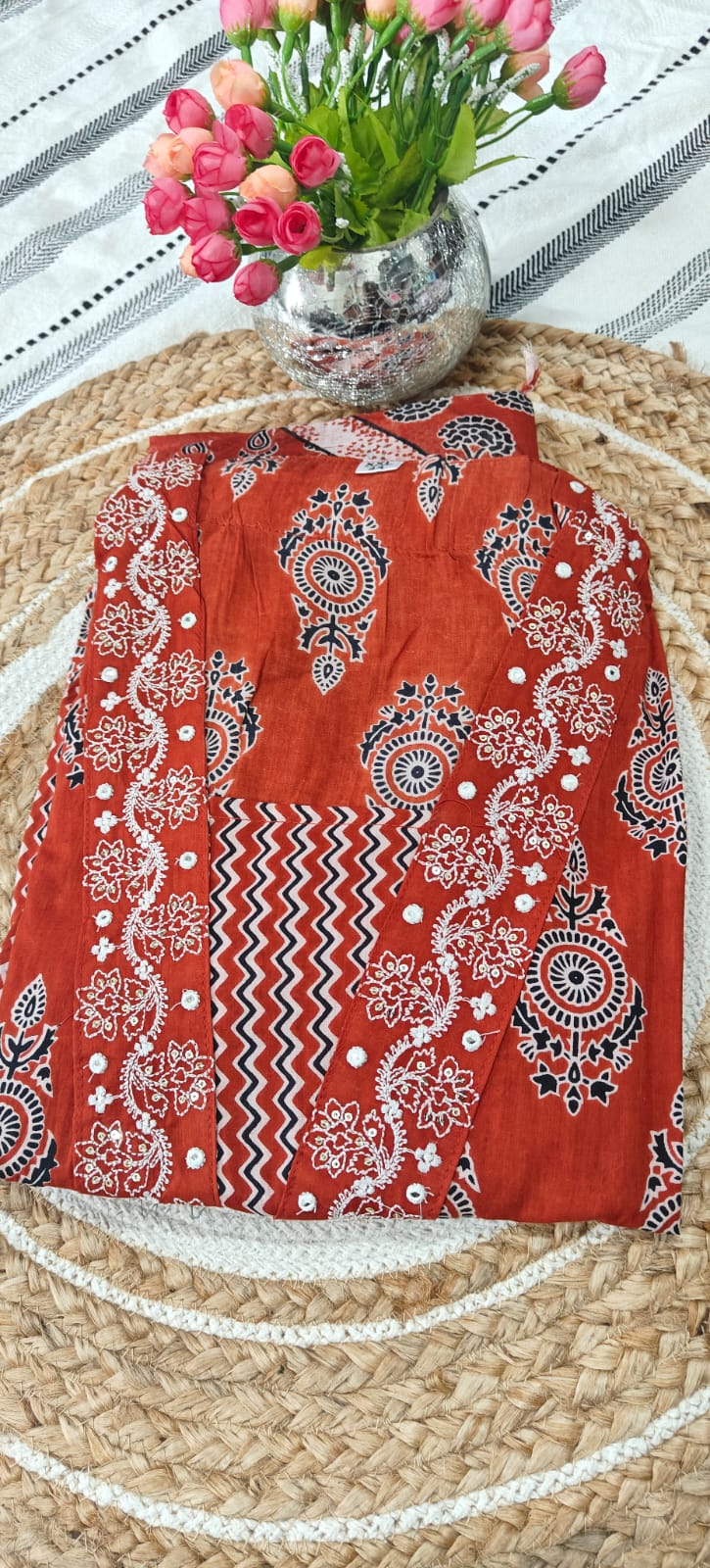 Rust Orange Pure Cotton Printed Kurta Set