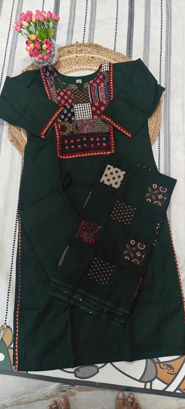 Pure Cotton Black Kurta Set with Kalamkari Print Yoke - Image 3