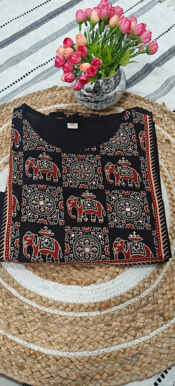 Pure Cotton Black Kurta Set with Kalamkari Print Yoke
