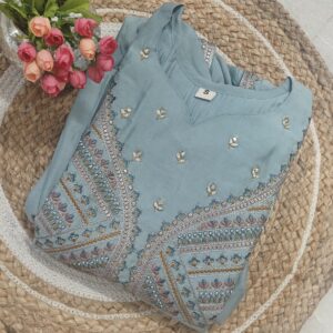 Mul Chanderi Embroidered Kurta Set-ICE  blue
