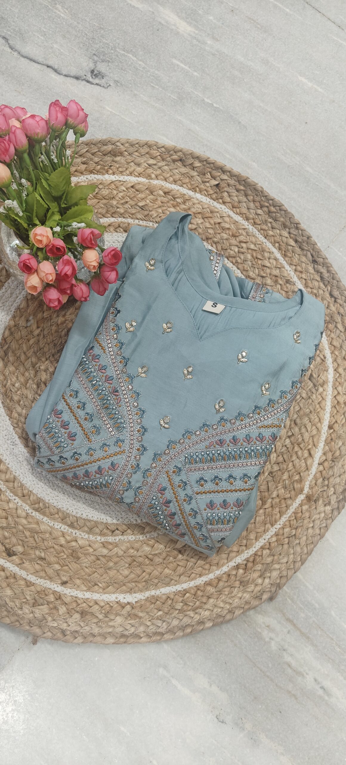 Mul Chanderi Embroidered Kurta Set-ICE blue