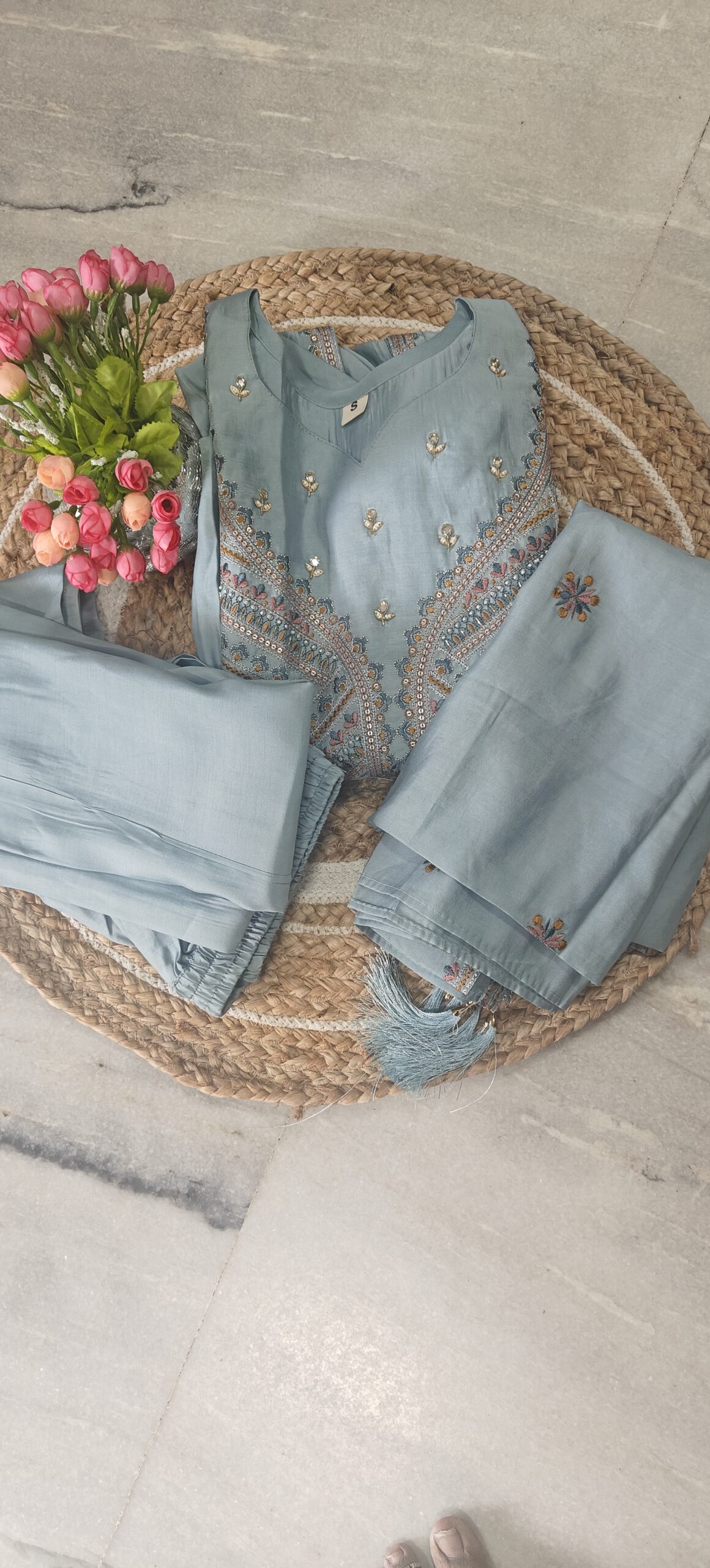 Mul Chanderi Embroidered Kurta Set-ICE blue - Image 2