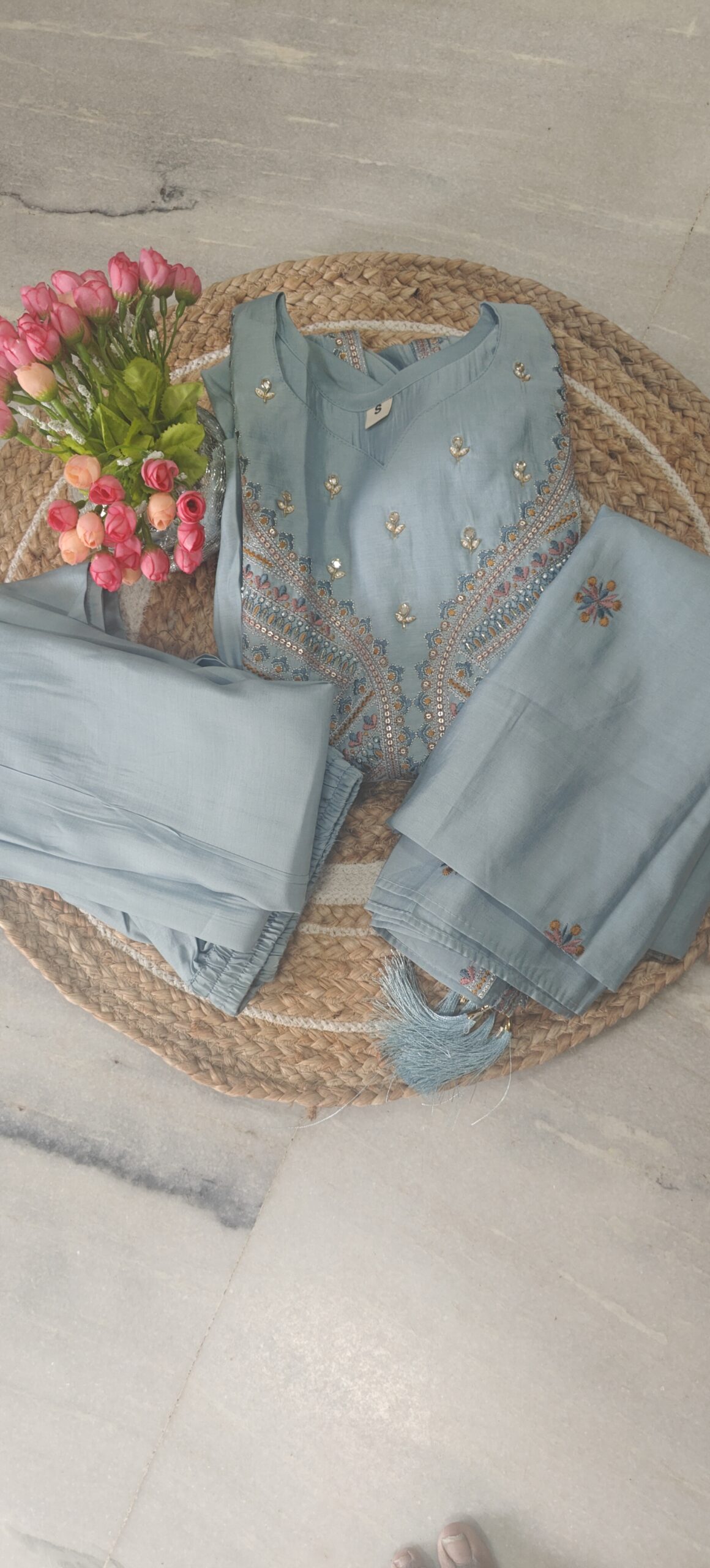 Mul Chanderi Embroidered Kurta Set-ICE blue - Image 3