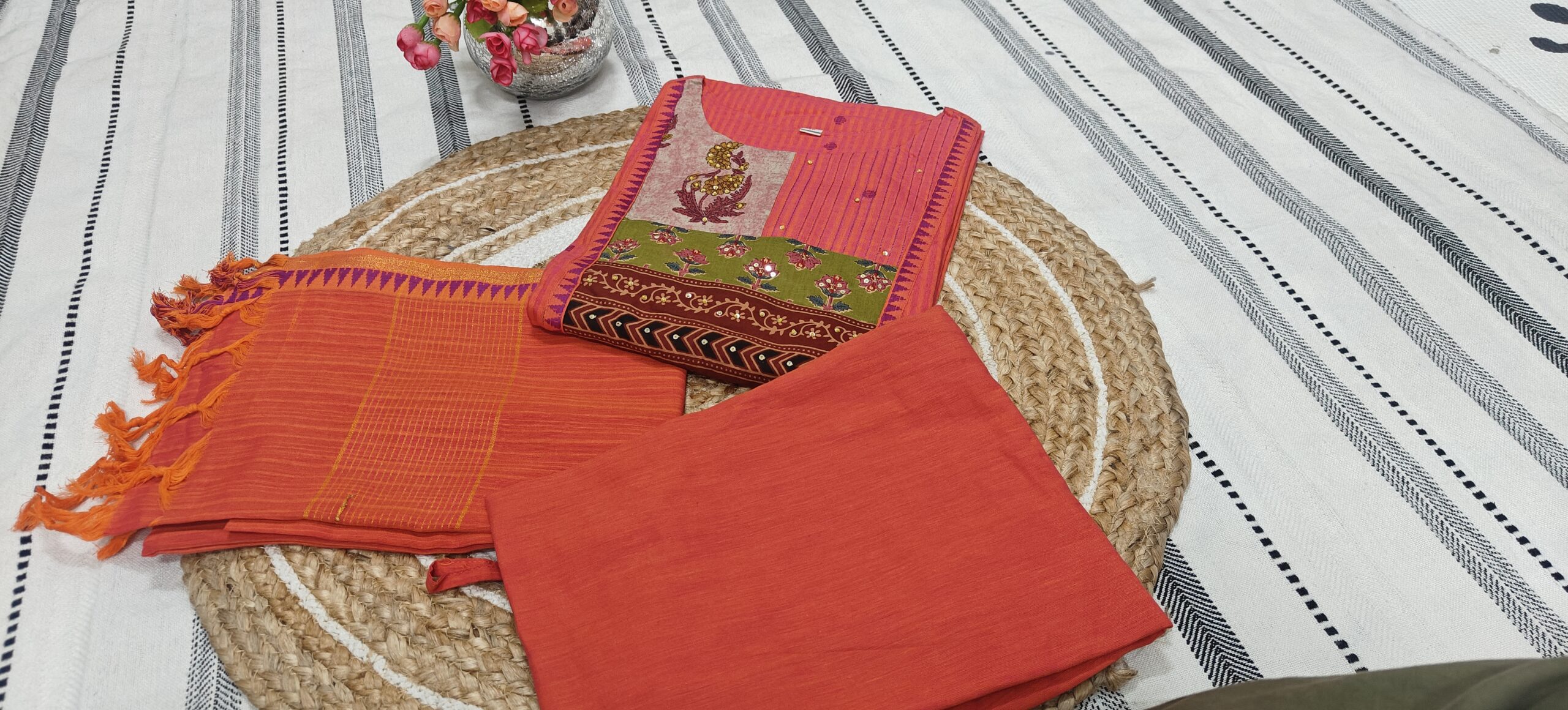 Rust orange Handloom Printed Kurta Set - Image 3