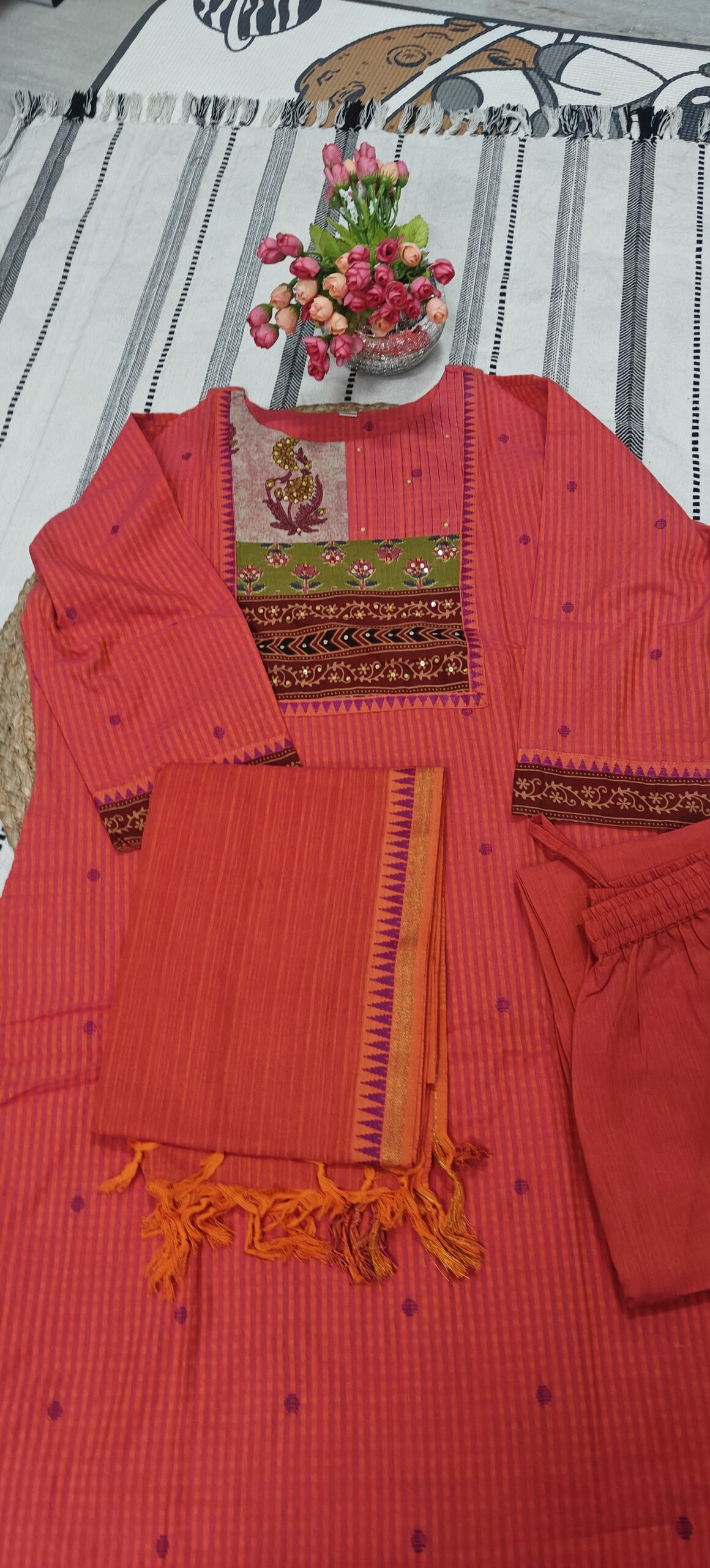 Rust orange Handloom Printed Kurta Set - Image 4
