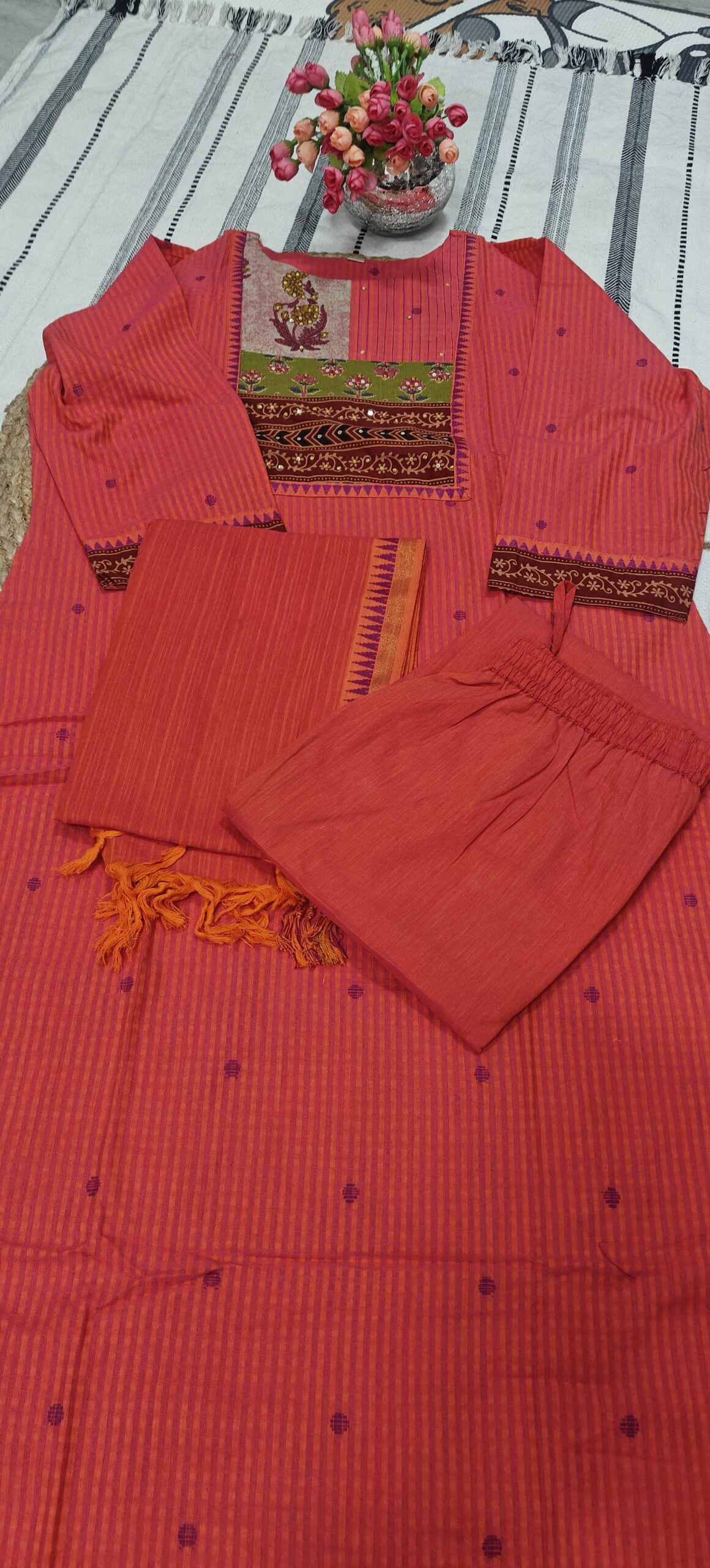 Rust orange Handloom Printed Kurta Set - Image 5