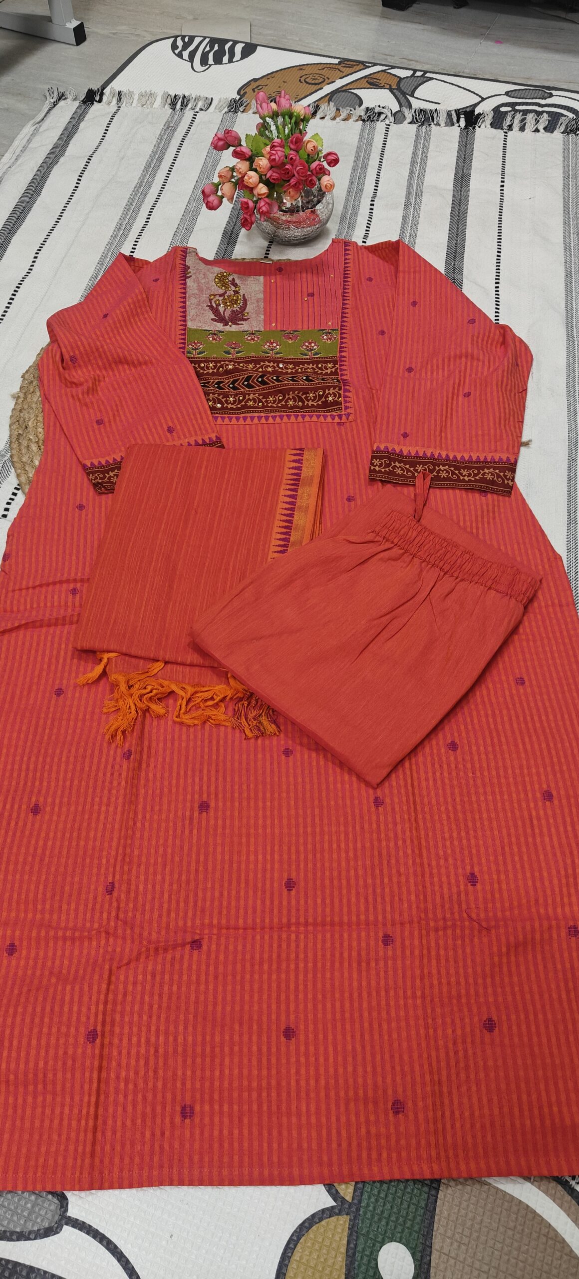 Rust orange Handloom Printed Kurta Set - Image 6