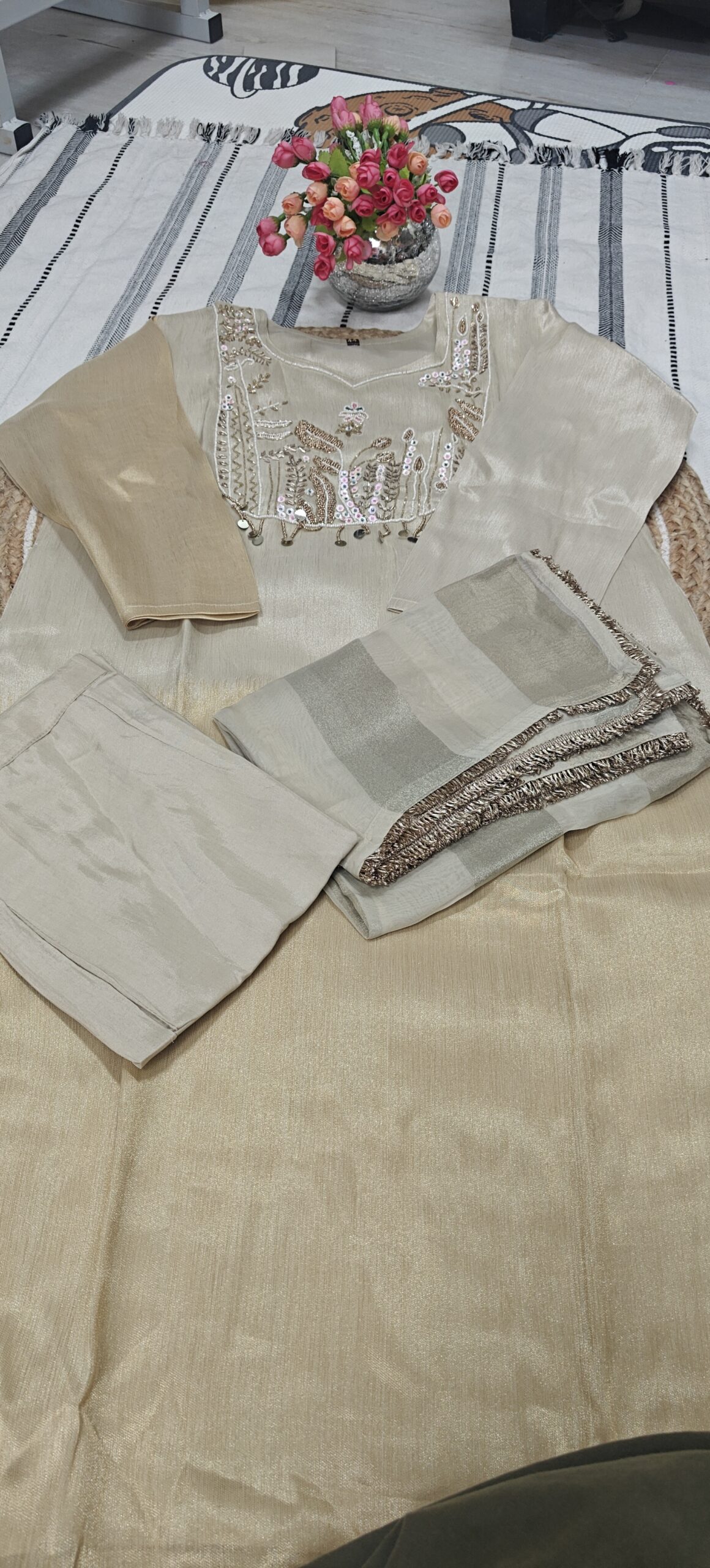 Beige Embroidered Kurta Set - Image 6