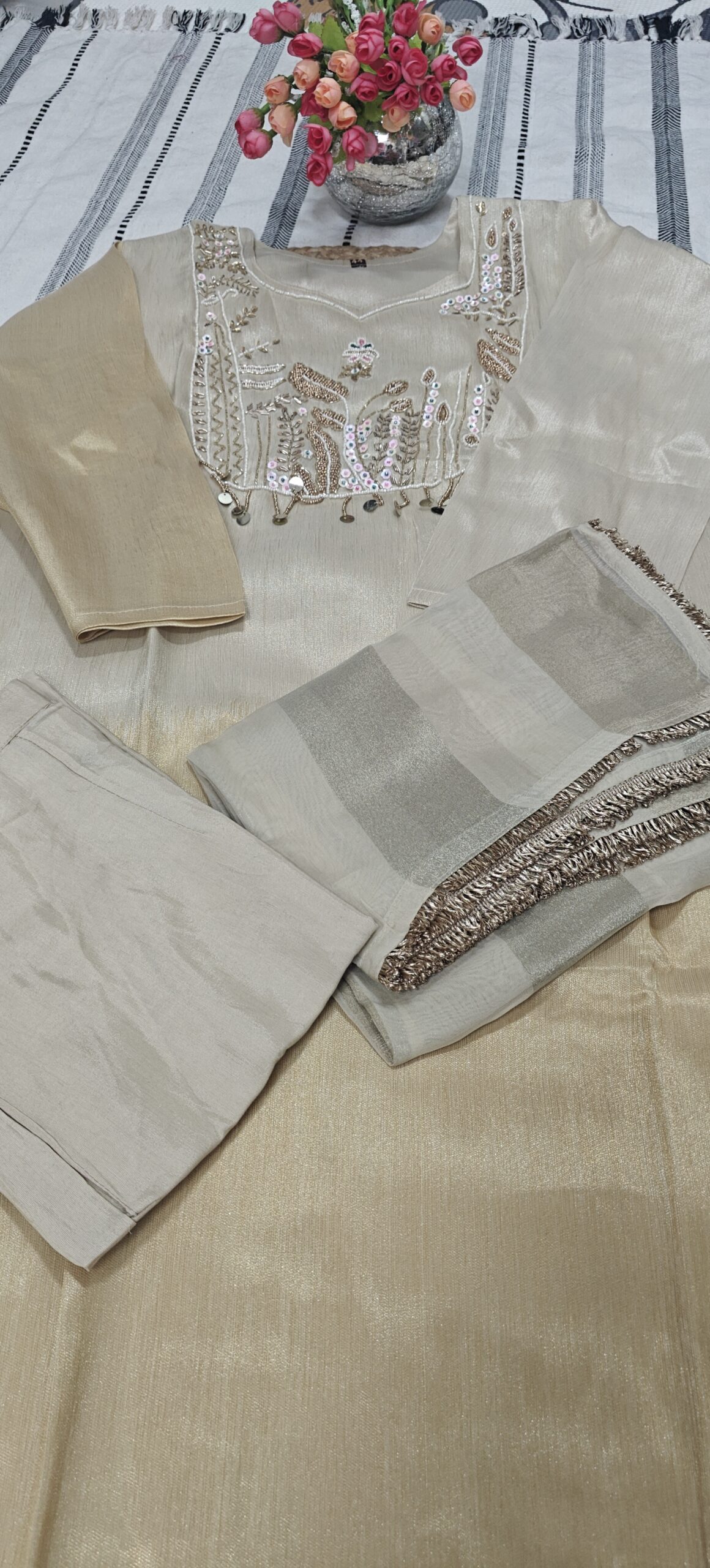 Beige Embroidered Kurta Set - Image 7