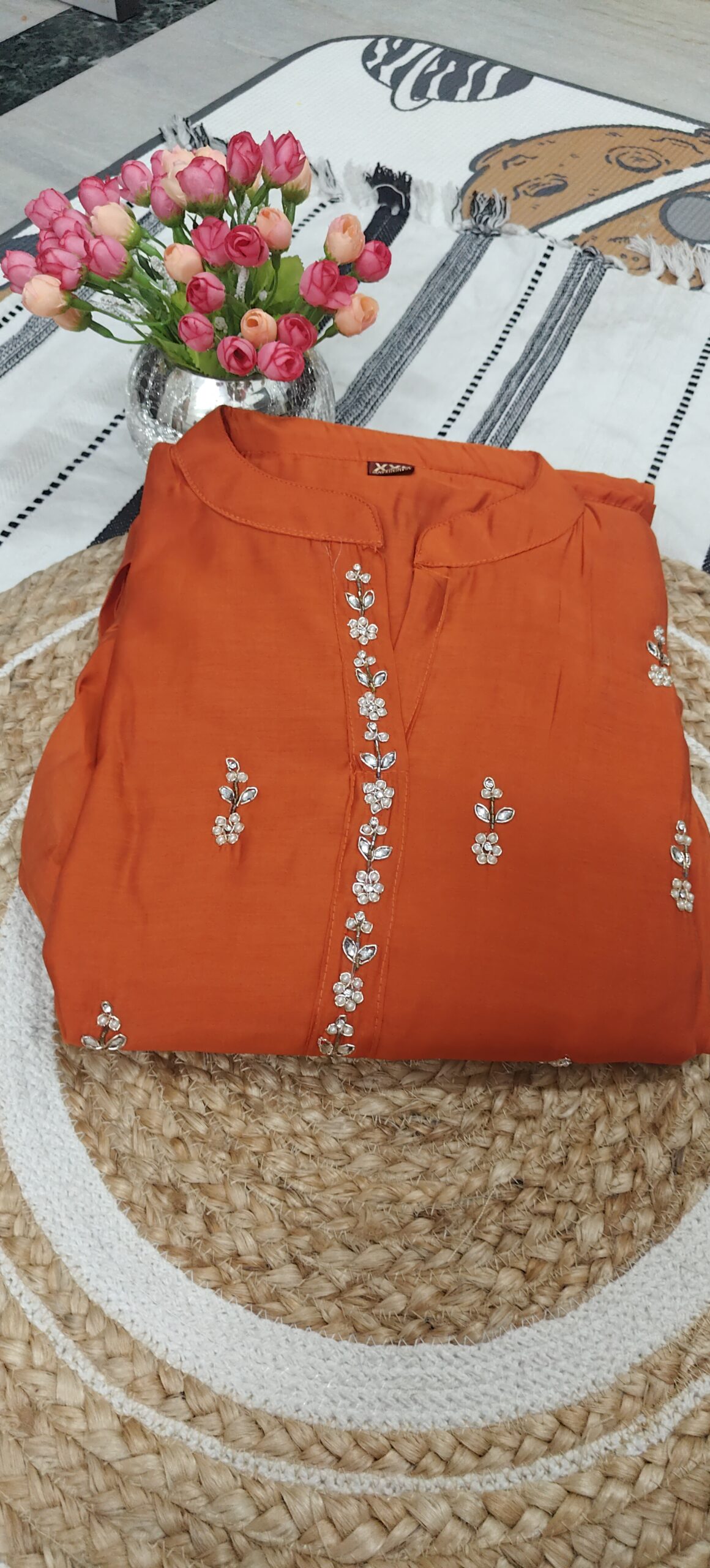 Rust Orange Embroidered Kurta Set for Women with Dupatta - Image 5