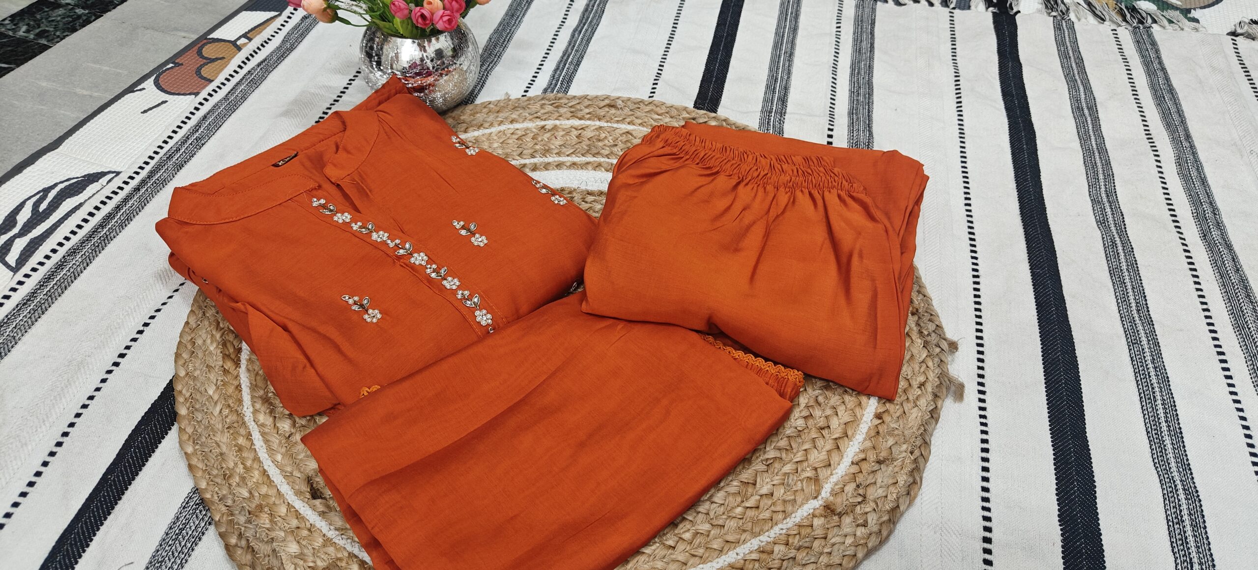 Rust Orange Embroidered Kurta Set for Women with Dupatta - Image 4
