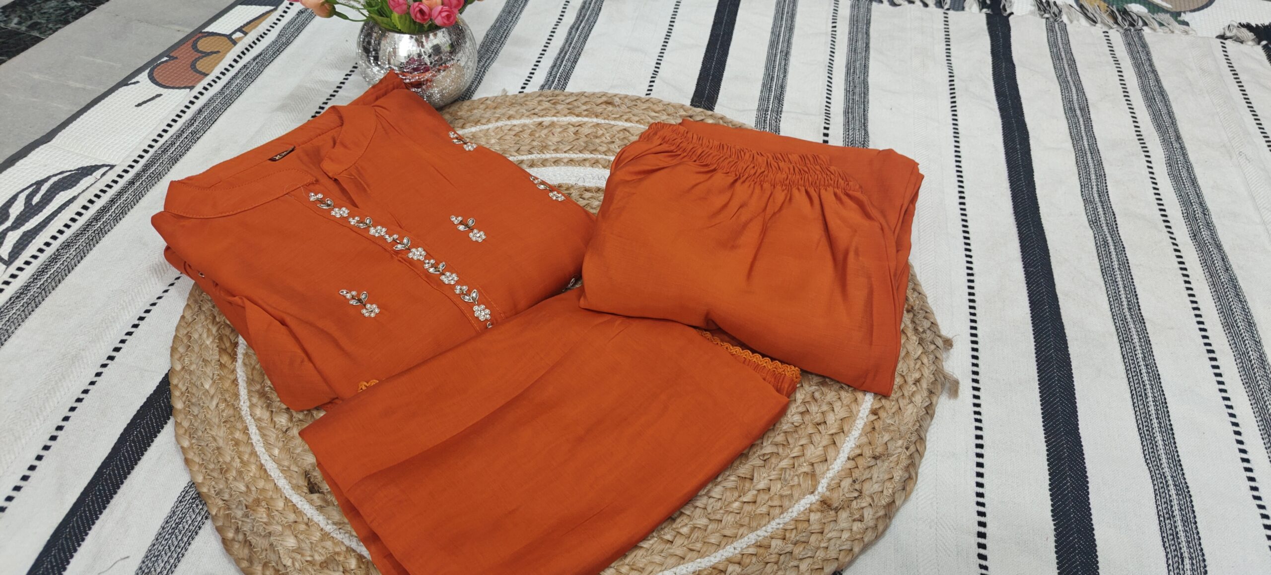 Rust Orange Embroidered Kurta Set for Women with Dupatta - Image 3