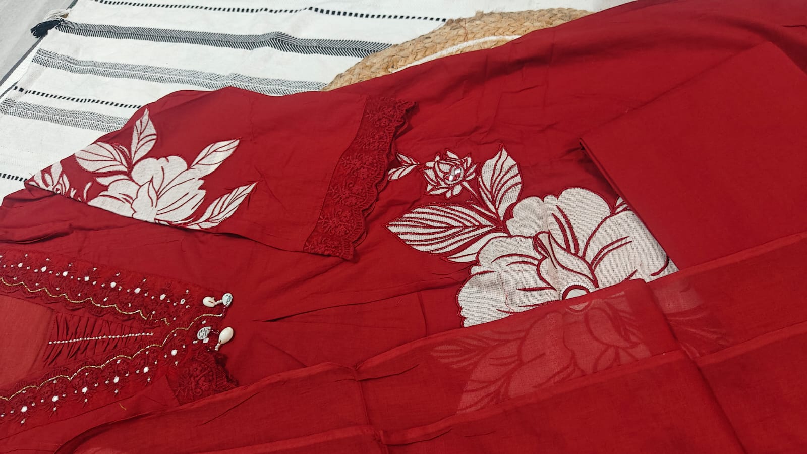 Red Cotton Kurta Set with Full Body Embroidery - Image 3