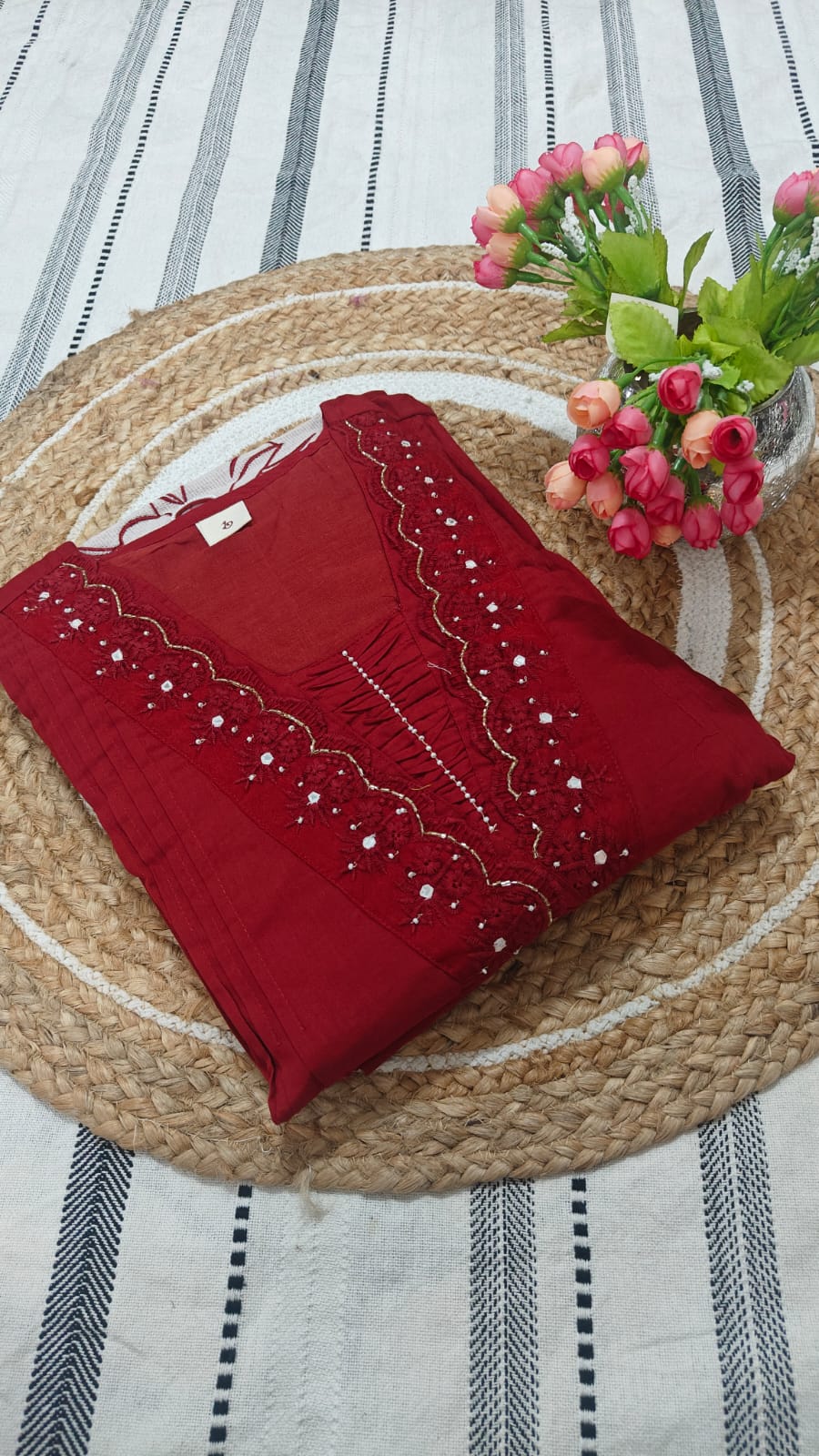 Red Cotton Kurta Set with Full Body Embroidery