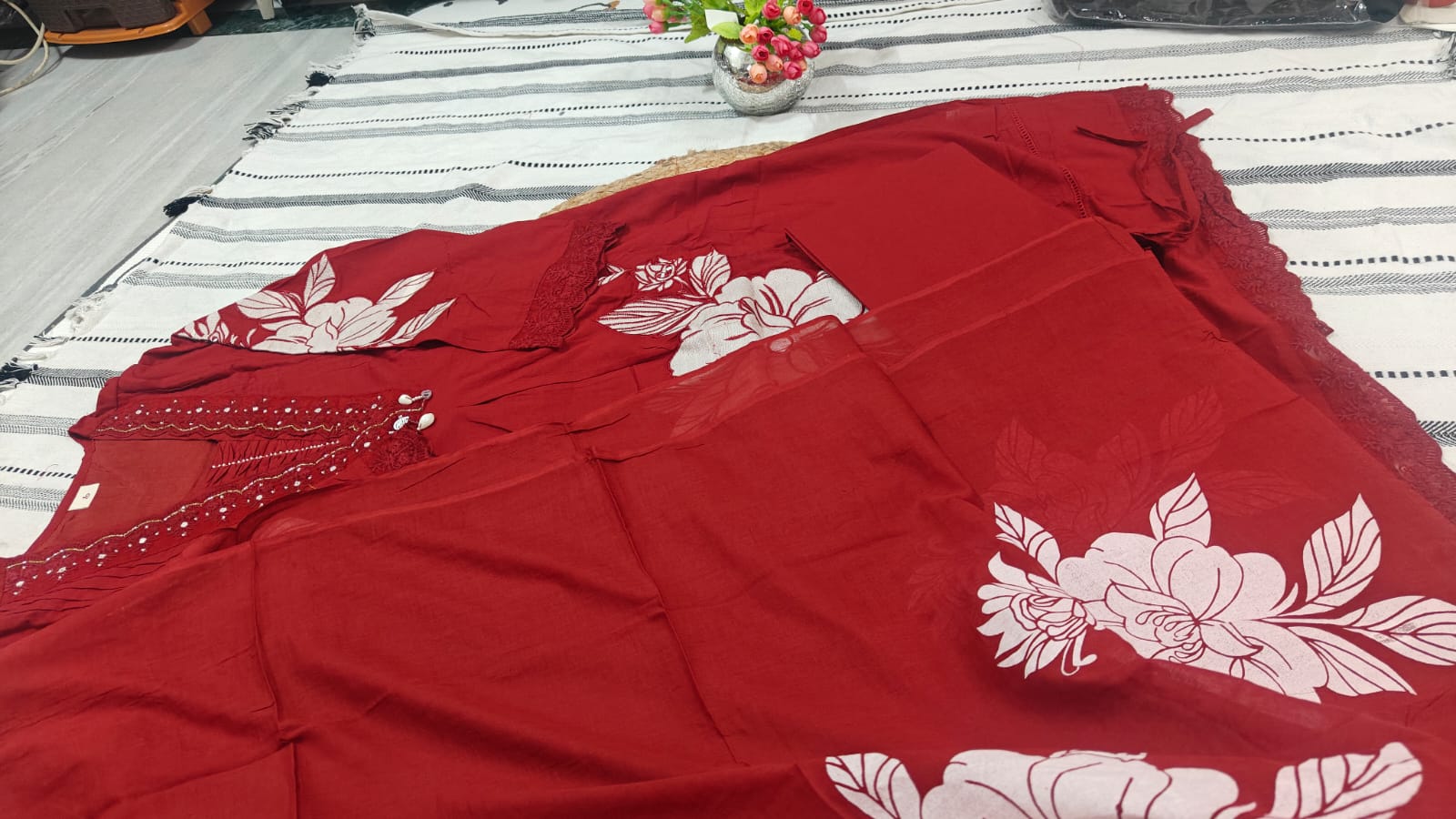 Red Cotton Kurta Set with Full Body Embroidery - Image 2