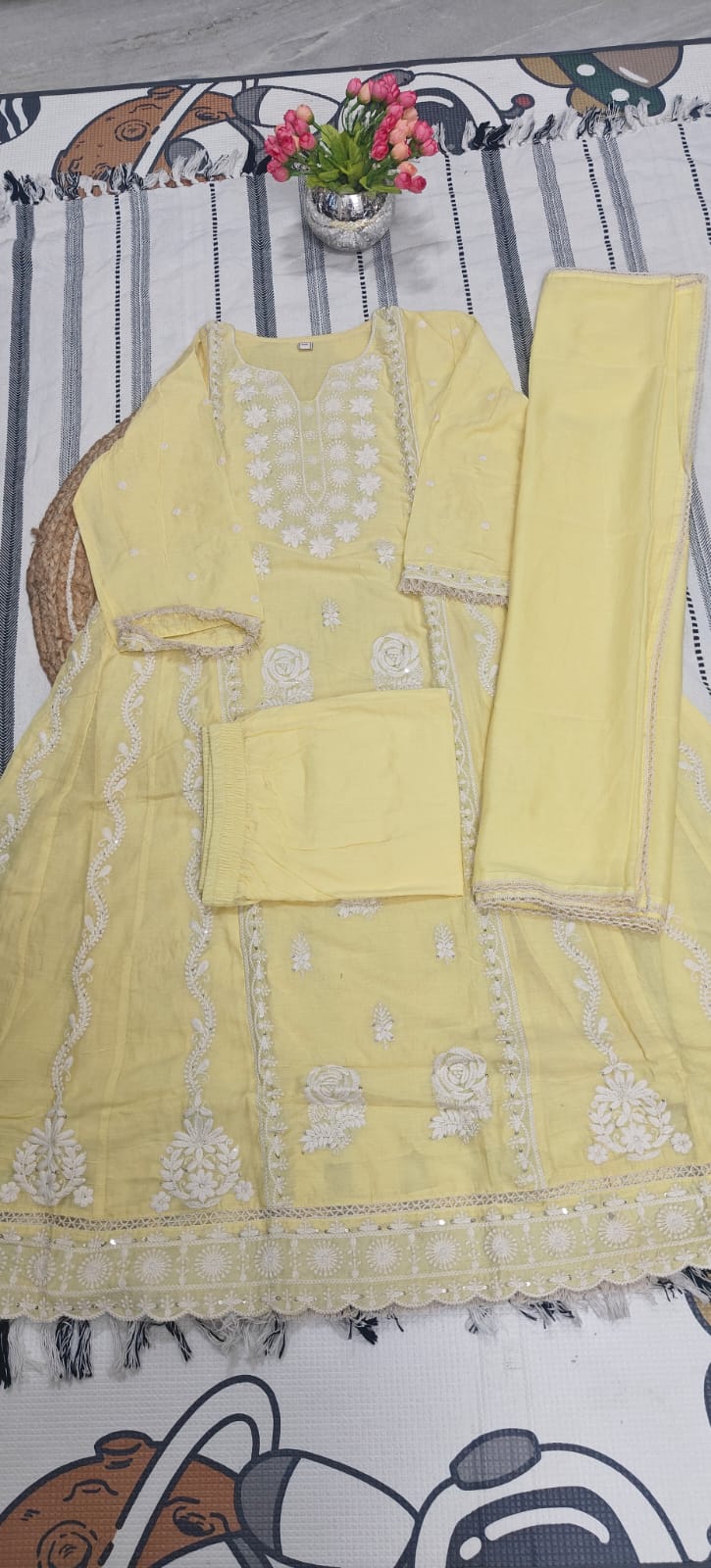 Pastel Pure Cotton Kurta Set with All Over Embroidery - Image 3