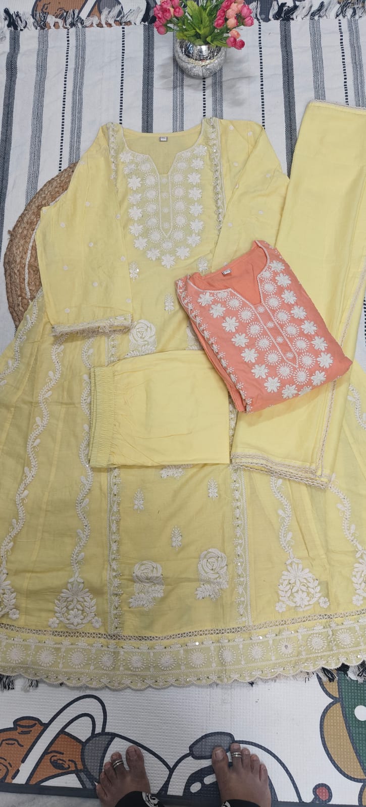 Pastel Pure Cotton Kurta Set with All Over Embroidery - Image 4