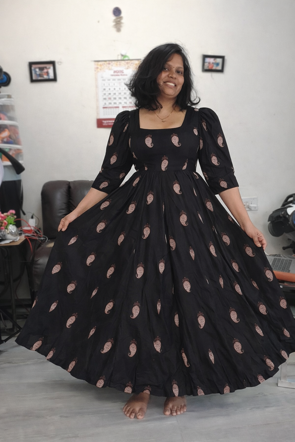 Black Paisley Printed Puff Sleeve Flared Dress