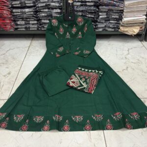 Bottole green Ajrakh cotton Anarkali Kurta Set