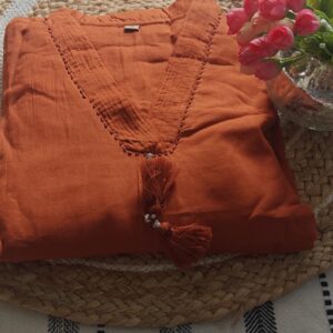 Orange Mul Cotton Embroidered Kurta Set with Dupatta