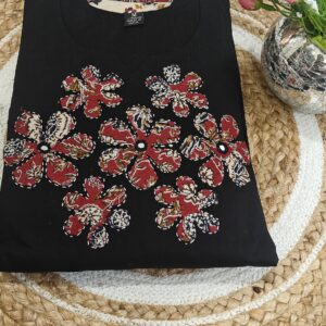 Black cotton kurta set with patch work at yoke part