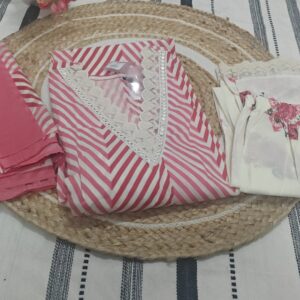 Pink Chevron Cotton Kurta Set with Dupatta & Floral Pants