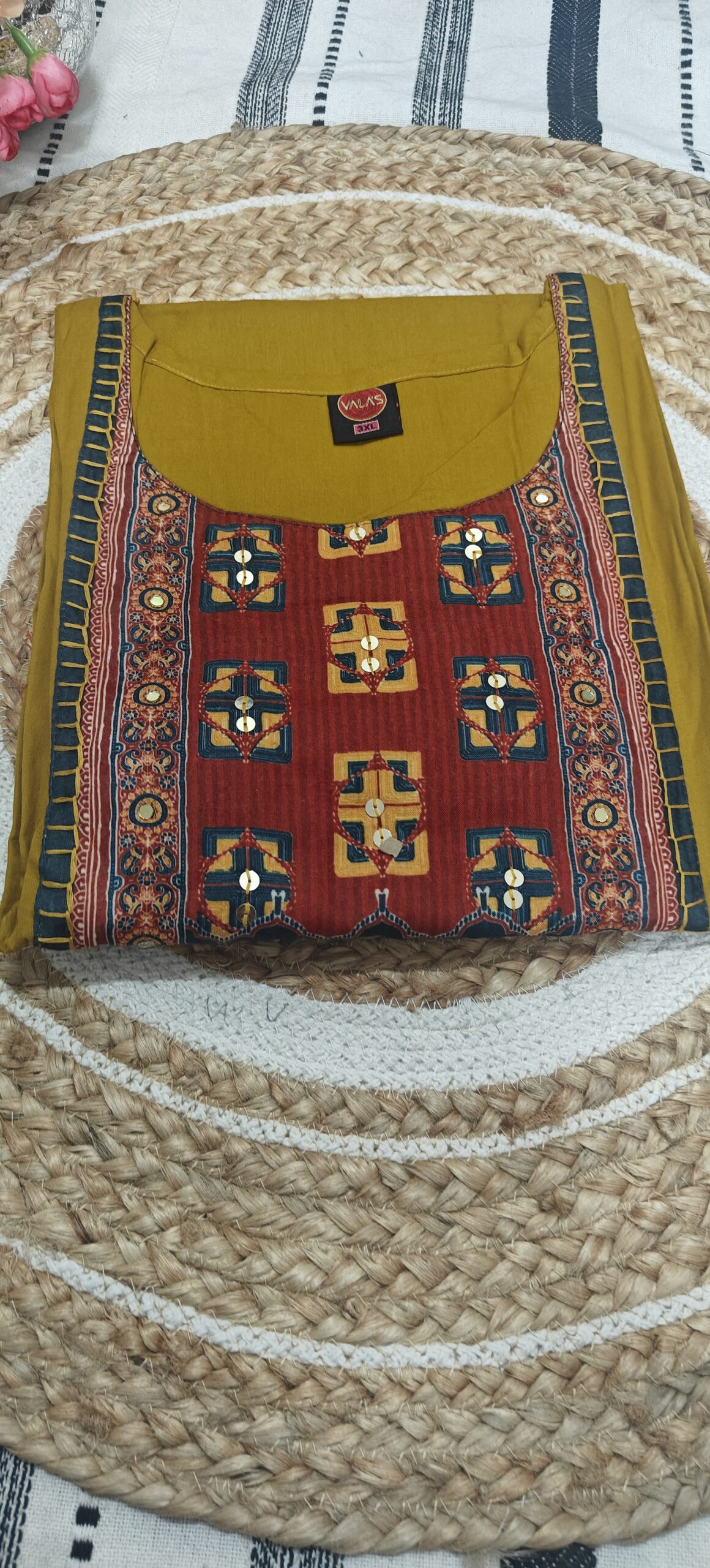 Mustard Ethnic Panel Printed Cotton Kurta