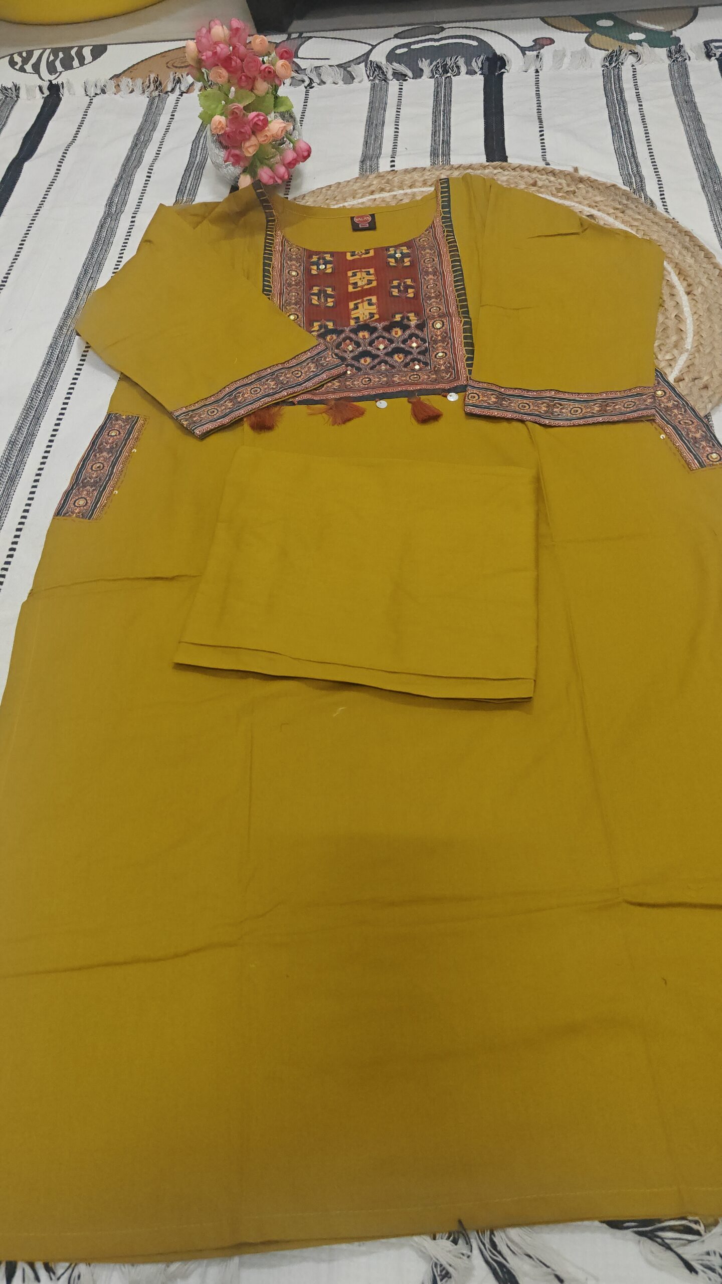 Mustard Ethnic Panel Printed Cotton Kurta - Image 3