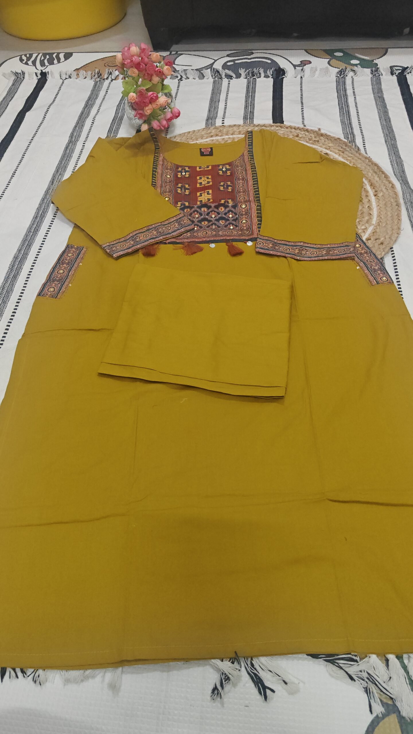Mustard Ethnic Panel Printed Cotton Kurta - Image 2