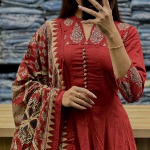 Red Charm Ajrakh cotton Anarkali Kurta Set