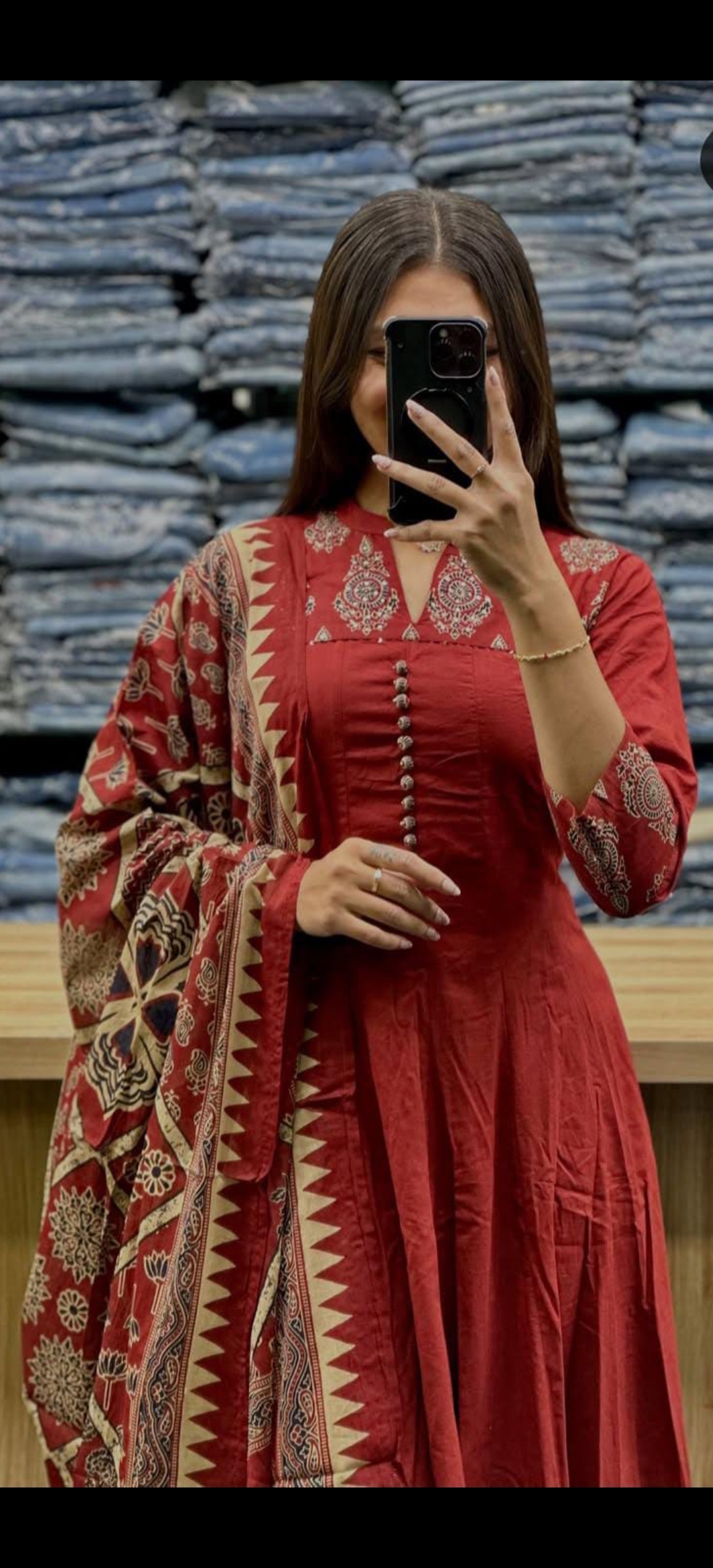 Red Charm Ajrakh cotton Anarkali Kurta Set