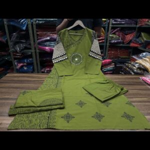 Green Mirror Work cotton Kurta Set