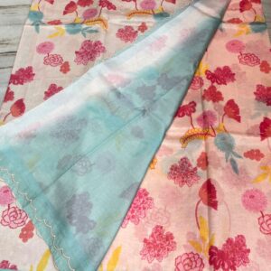 Handloom Mangalagiri Pattu Saree with Digital Floral Prints & Scallop Border โ Blush Pink & Aqua Blue