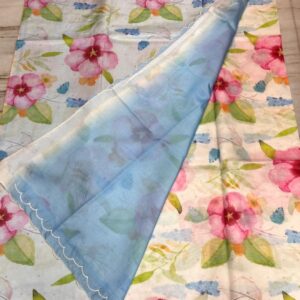 Handloom Mangalagiri Pattu Saree with Digital Floral Prints & Scallop Border โ Ivory White & Powder Blue