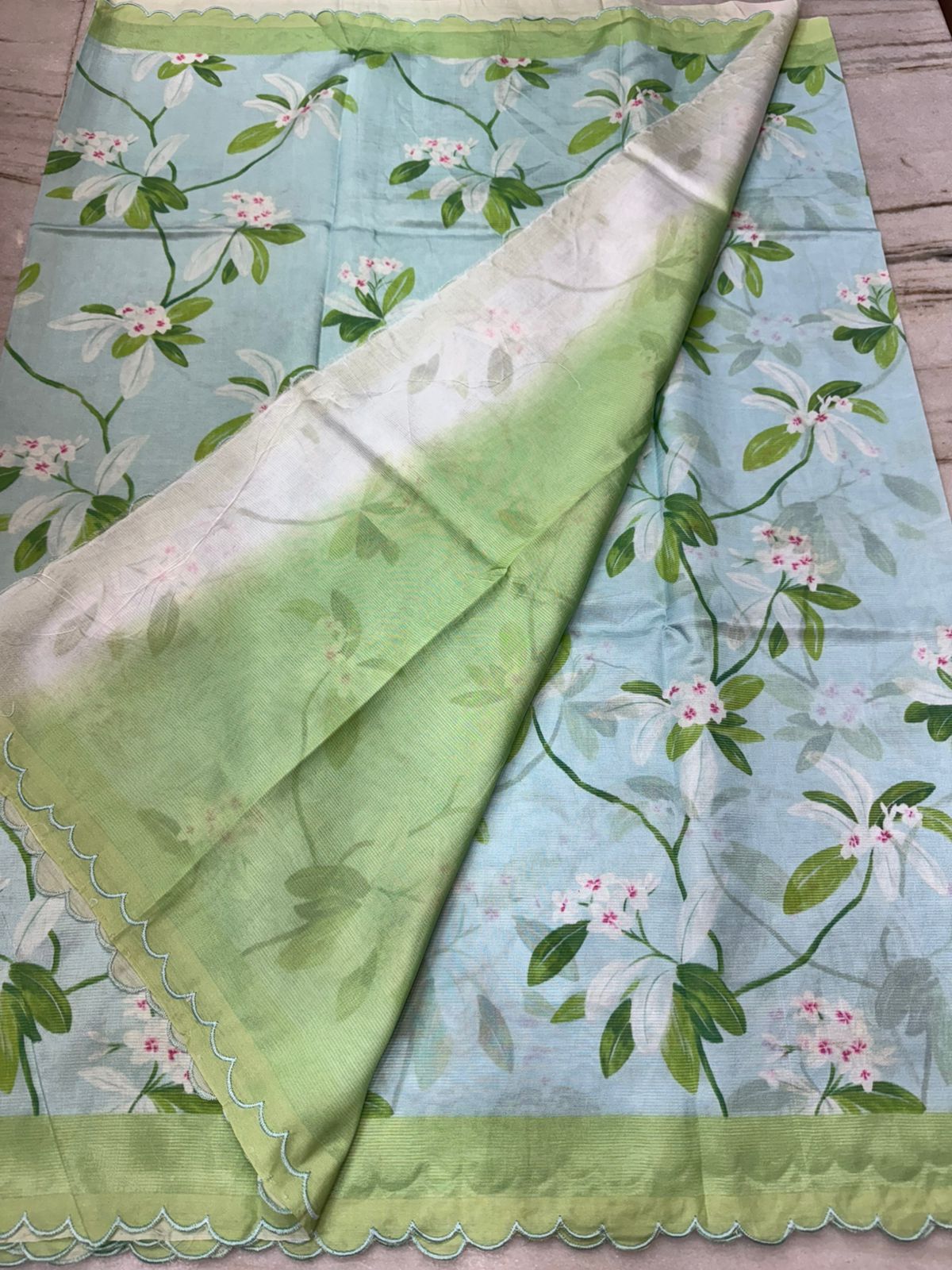 πΏ Mint Bloom Mangalagiri silk Saree with Digital Floral Prints & Scallop Border