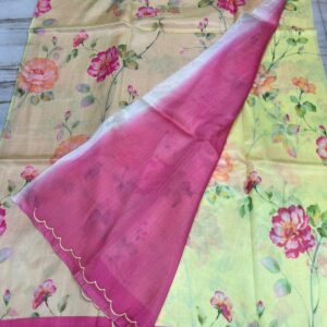 ๐ธ Blush Garden Mangalagiri Silk Saree with Digital Floral Prints & Scallop Border