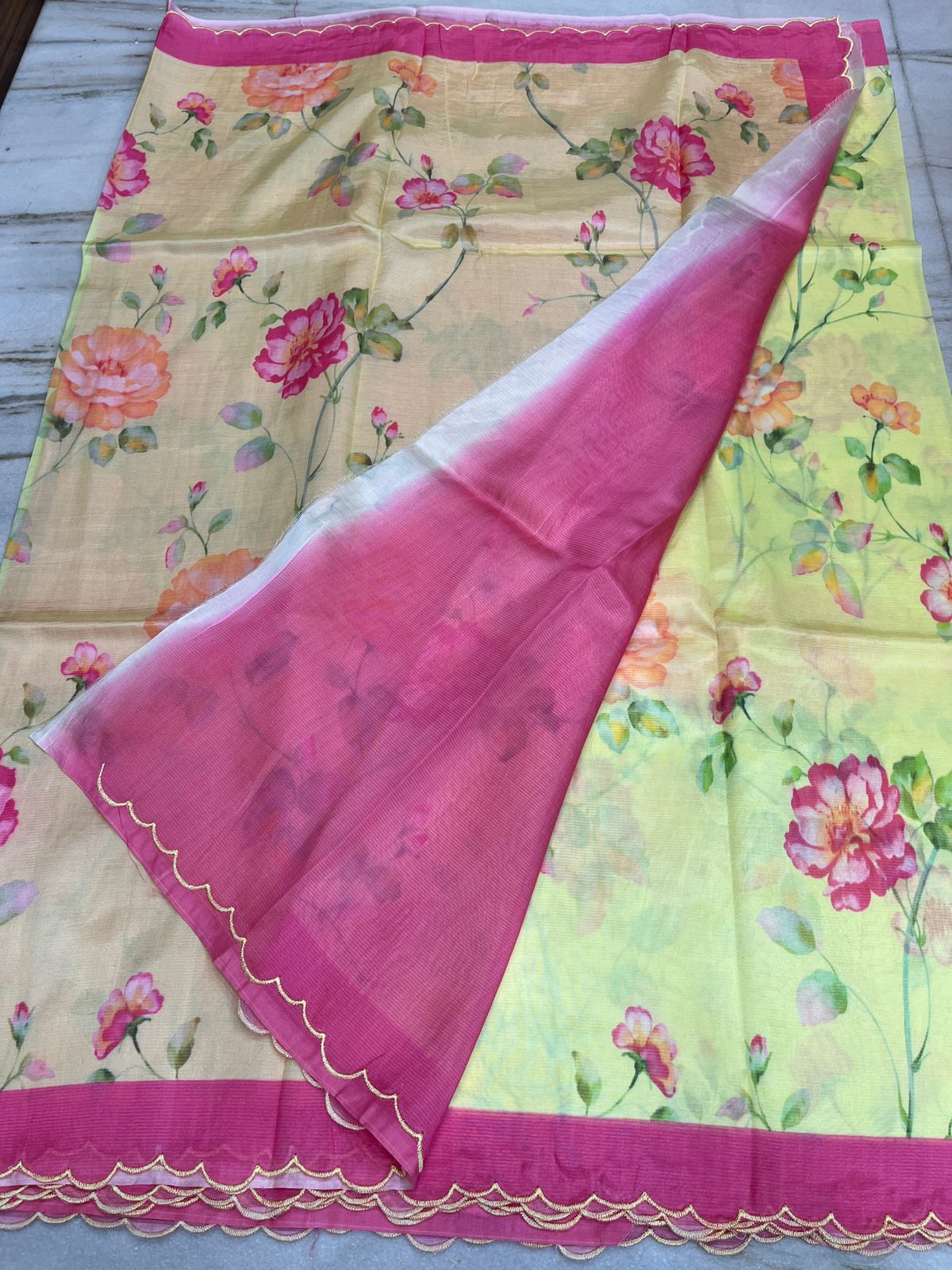 ๐ธ Blush Garden Mangalagiri Silk Saree with Digital Floral Prints & Scallop Border