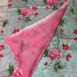 ๐ธ Rose Blossom Mangalagiri Silk Saree with Digital Floral Prints & Scallop Border