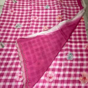 Pink Vintage Checks Mangalagiri Silk Saree with Digital Floral Print and Scallop Border