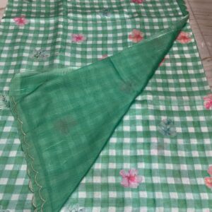 ๐ Green Vintage Checks Mangalagiri Silk Saree with Digital Floral Print and Scallop Border