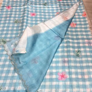 ๐ฉต Sky Blue Vintage Checks Mangalagiri Silk Saree with Digital Floral Print and Scallop Border