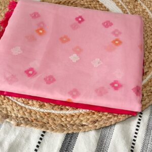 🌸 Baby Pink Organza Jamdhani Saree with Floral Buttas